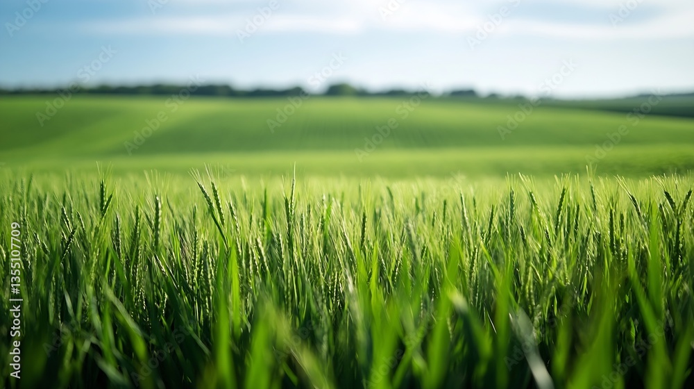 Fototapeta premium Lush green grass field stretching into the distance under bright sunlight showcasing nature's beauty : Generative AI