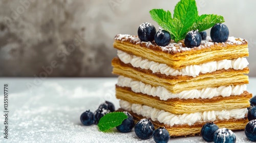 Layered Pastry Dessert with Blueberries and Cream