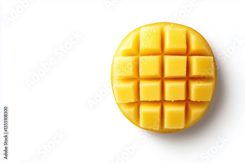 Close-up shot of a yellow mango half cut into squares on a white background, top view