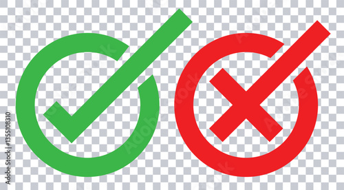 Right or wrong icons. Green tick and red cross checkmarks. Yes or no symbol, approved or rejected. tick mark icon button set.	