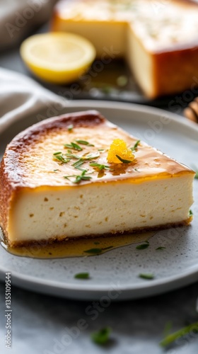 Delicious slice of Corsican fiadone cheesecake drizzled with honey and garnished with fresh lemon zest on a Mediterranean-style plate, showcasing natural lighting and textures
