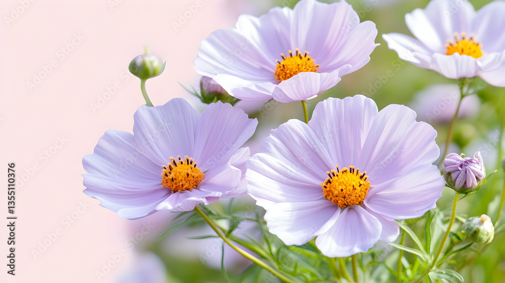 Fototapeta premium Pale Cosmos Flowers in Garden, Soft Pink Background
