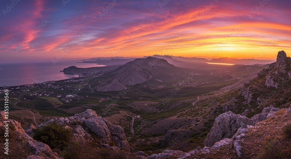 Fototapeta premium Majestic Sunset Over Coastal Mountains - Breathtaking panoramic view of a vibrant sunset casting warm hues over a coastal mountain range and serene ocean