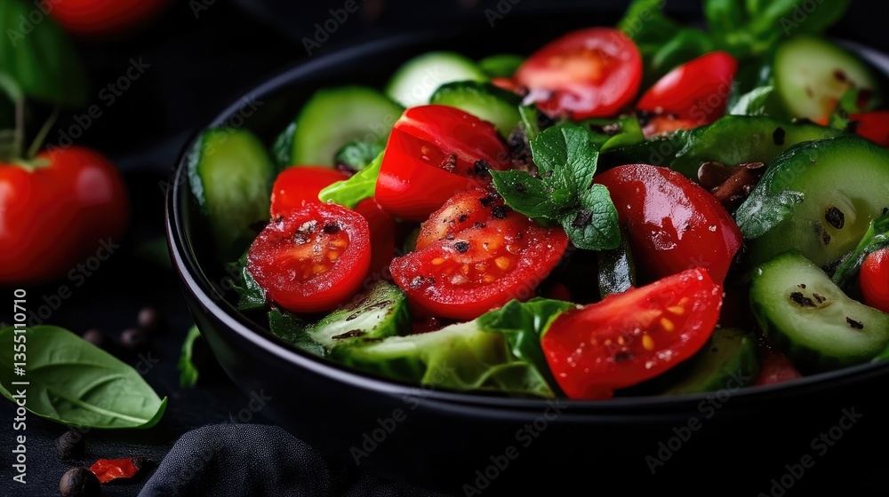Fresh, vibrant salad of cucumbers, tomatoes, and herbs