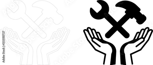 Repair and Maintenance Icons Held in Hands - Hand Holding Tools Wrench and Hammer Symbol