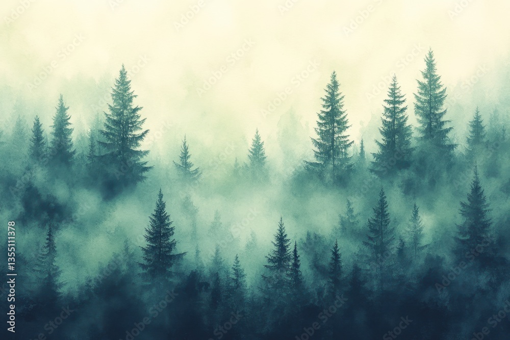 Misty coniferous forest landscape with vibrant fog creating a painterly, serene woodland scene. Misty coniferous forest landscape with vibrant fog creating a painterly, serene woodland scene.