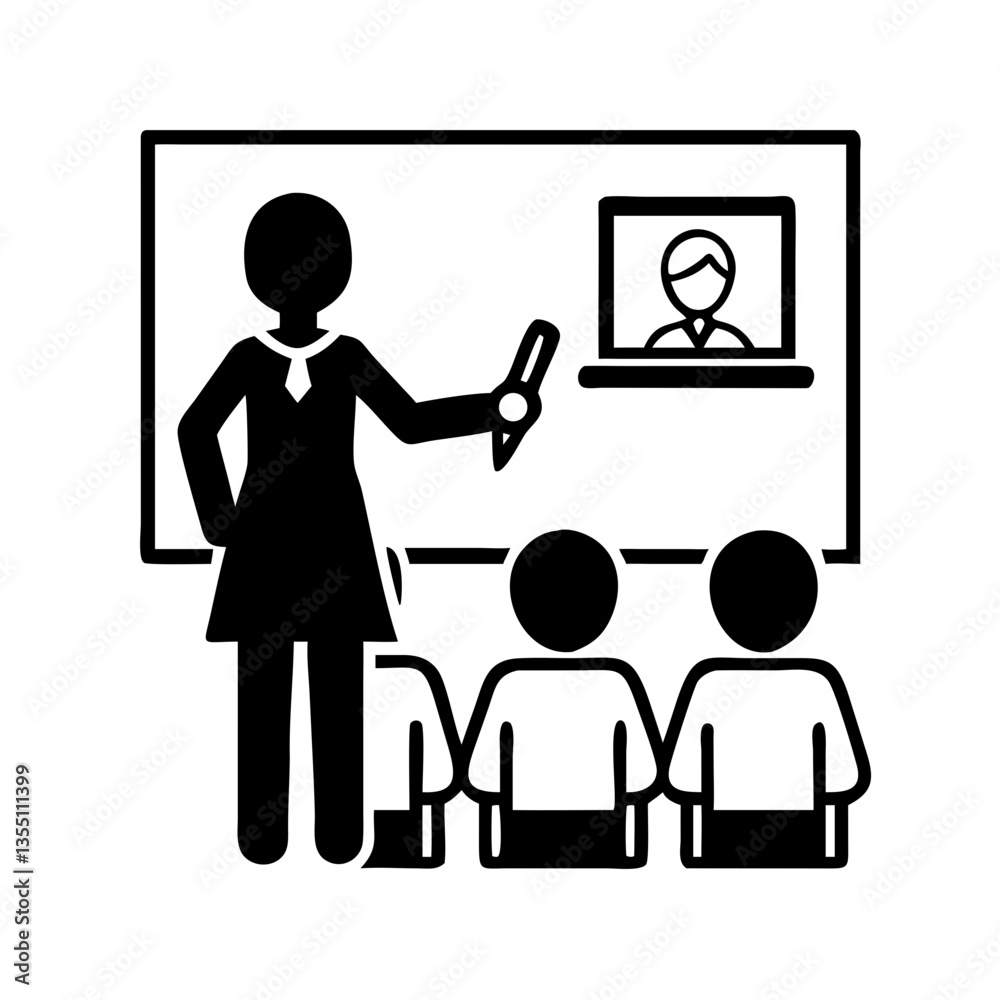 Classroom scene icon with teacher pointing at whiteboard Classroom scene icon with teacher pointing at whiteboard