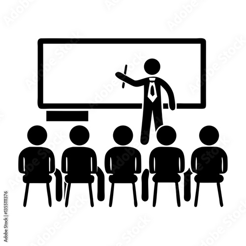 Teacher giving lecture icon with students and presentation board