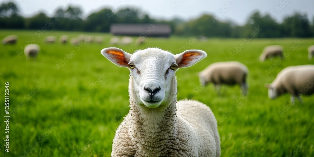 Sheep Grazing Close Up on Green Meadow with Farm in Background Sheep Grazing Close Up on Green Meadow with Farm in Background