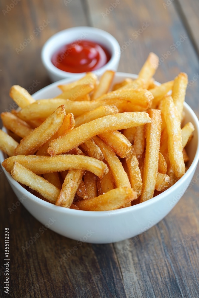 Top View of White Bowl of French Fries with Ketchup on Wooden Table Top View of White Bowl of French Fries with Ketchup on Wooden Table