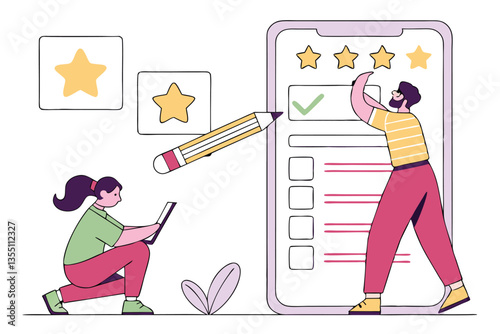 42 Cartoon illustration, customer service representative, smiling woman, purple t-shirt, chatbot interface, green robot avatar, search bar, question mark, exclamation point, five-star rating, minimali