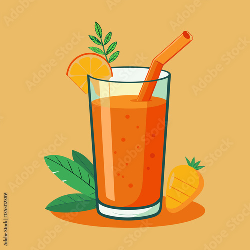 Fresh orange smoothie with straw.