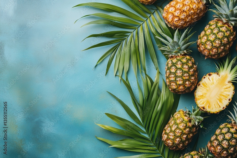 Obraz premium Pineapples and Palm Leaves Arrangement on Blue Backdrop Viewed from Above