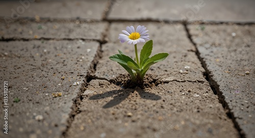 Single white flower seedling growing from hard concrete floor, nature, growth, hope concept