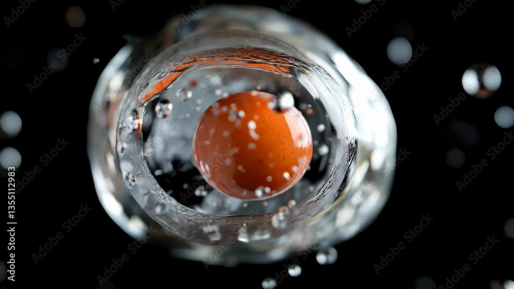 Slow motion splashing orange with water droplets against black background in sequential frames