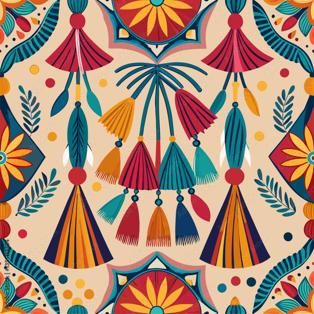 Vibrant tassel pattern with bold colors. Vibrant tassel pattern with bold colors.