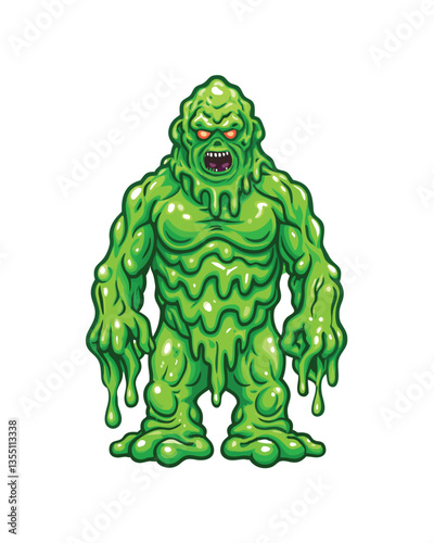 A grotesque slime warlord, a monstrous leader dripping with vibrant, bioluminescent slime, wields a massive weapon.  Detailed, dark fantasy art.