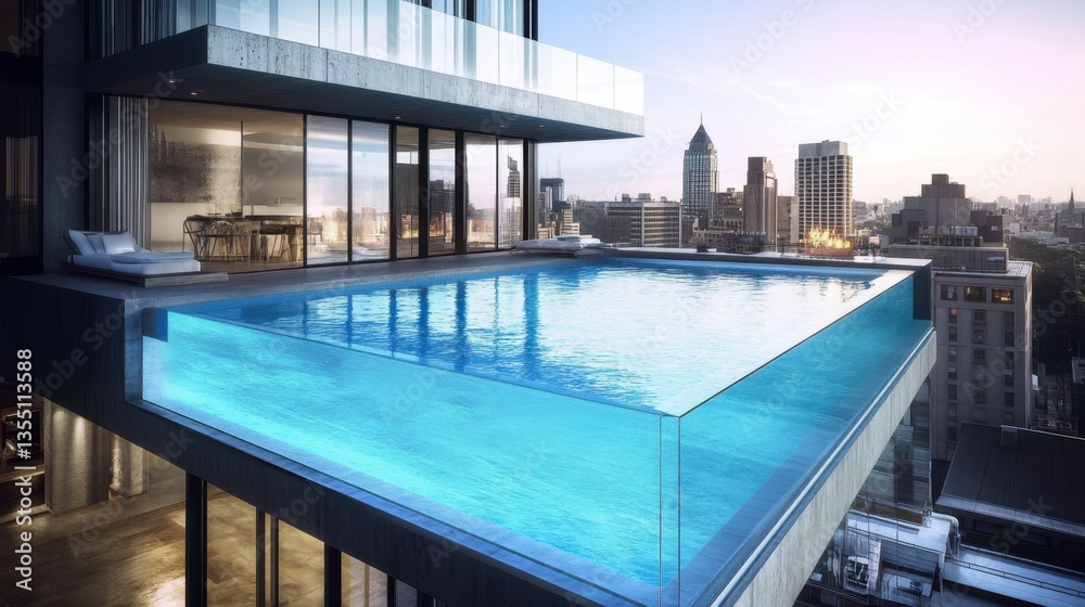 Naklejka premium Modern Rooftop Infinity Pool with City View at Sunset