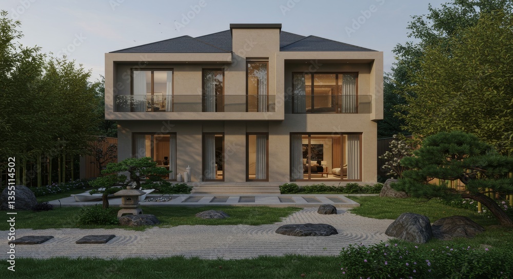 Obraz premium Modern Villa with Japanese Zen Garden - Tranquil modern villa, Japanese garden serenity, minimalist architecture, peaceful retreat, harmony of nature and design