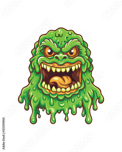 Render a grotesque, slimy creature resembling a monster, entirely composed of vibrant green and translucent snot, with dripping textures and grotesque features.
