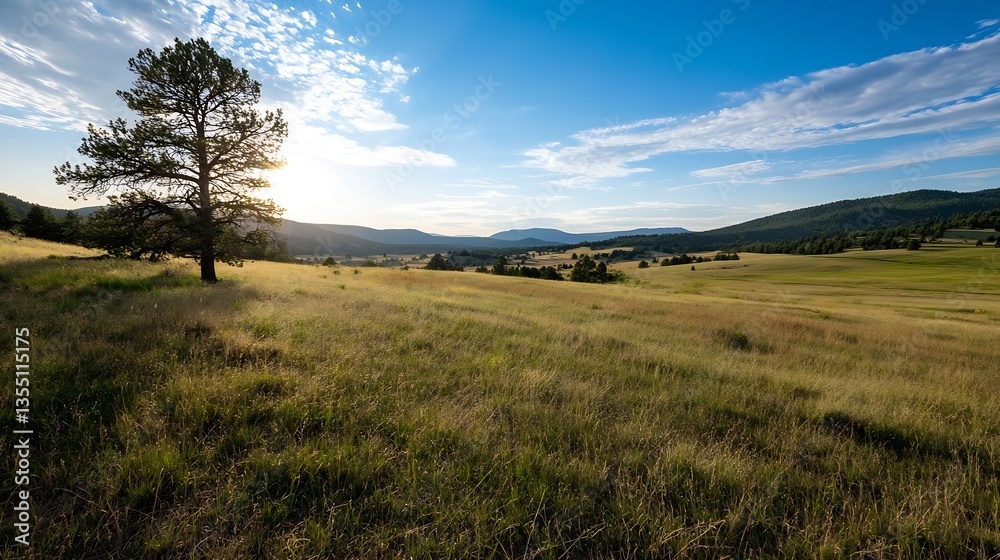 Vibrant sunlit landscape with rolling hills and a lone tree bathed in sunlight against a clear blue sky : Generative AI Vibrant sunlit landscape with rolling hills and a lone tree bathed in sunlight against a clear blue sky : Generative AI