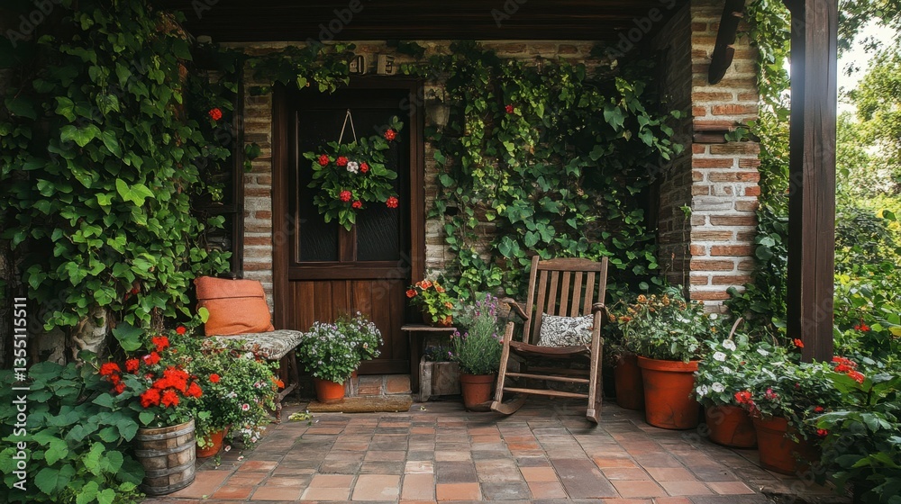 Charming Rustic Porch Surrounded by Lush Greenery and Flowers Charming Rustic Porch Surrounded by Lush Greenery and Flowers
