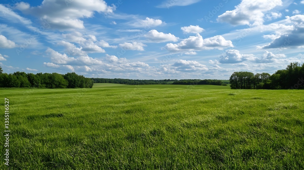 Fototapeta premium Wide Open Green Field Under Bright Blue Sky Filled with Fluffy Clouds on a Sunny Day : Generative AI