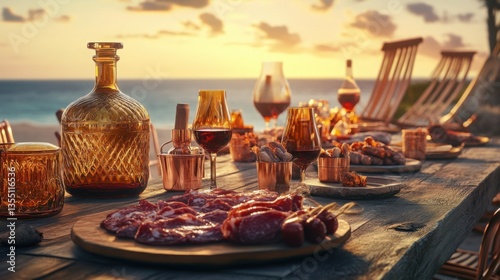 Golden Hour Backyard Feast: Rustic Table With Smoked Meats Amber Wine Decanters and Copper Beach Chairs Under Fibonacci Sunset Patterns