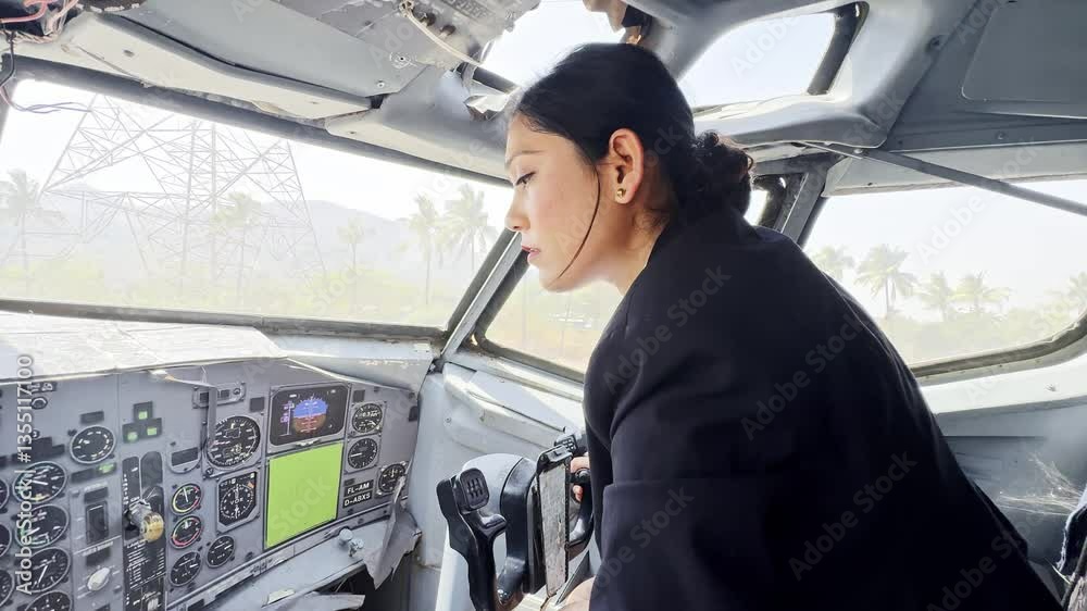 Female trainee aviator handles front aircraft system