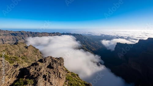 Stunning panoramic view of majestic mountains and clouds from a high altitude against a clear blue sky : Generative AI