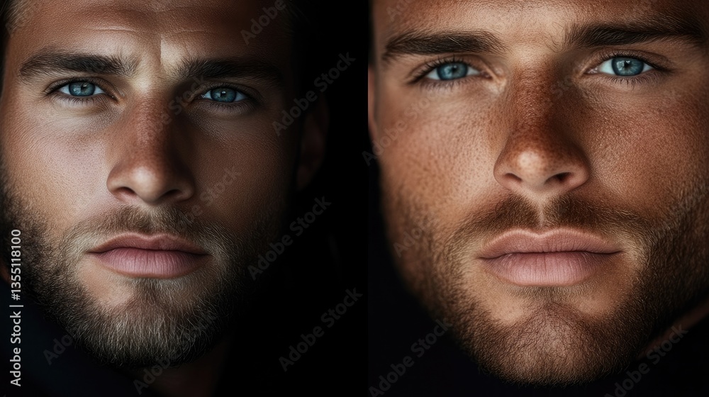 Close-up portrait of two men with intense gazes, highlighting skin tones and facial features Close-up portrait of two men with intense gazes, highlighting skin tones and facial features