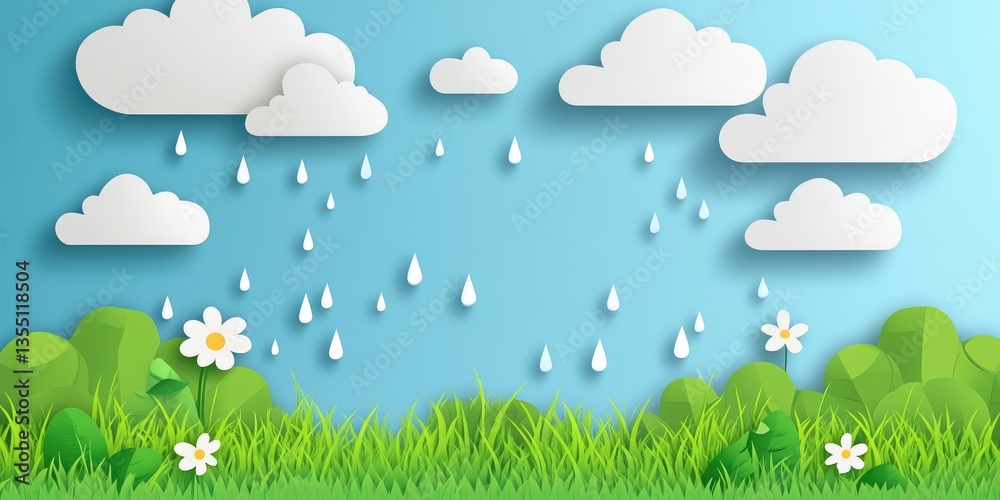 Spring rain with clouds and flowers against a blue background Spring rain with clouds and flowers against a blue background