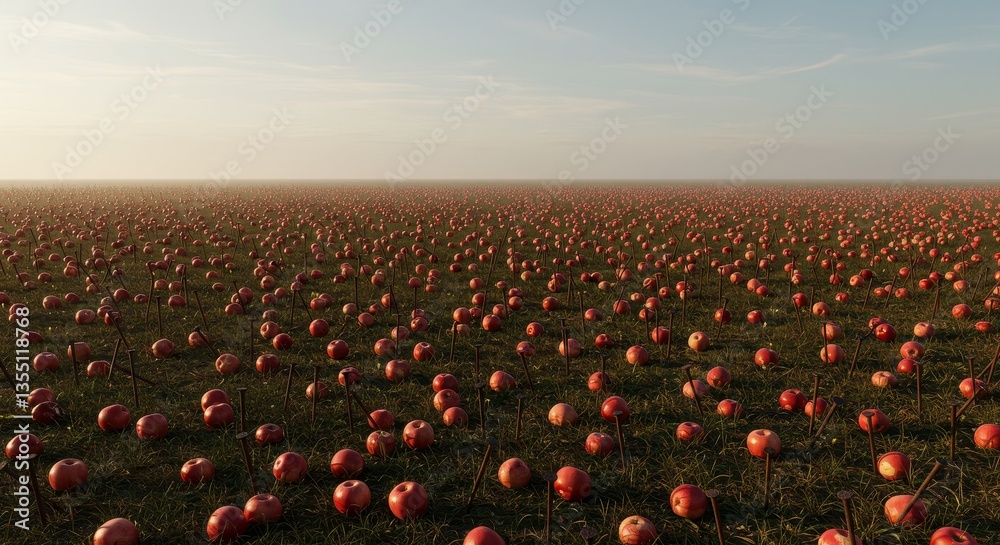 Fototapeta premium Pierced Apples Field Drone View - A vast field of red apples, each pierced by an iron nail, under a hazy sunrise. Symbolizing sacrifice, vulnerability, defiance, harvest, and loss