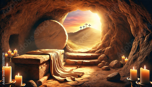 Empty Tomb of Jesus with Glowing Sunrise and Three Crosses in the Distance