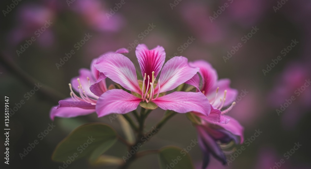 Pink Orchid Bloom Close Up - Close up of a vibrant pink orchid flower, soft focus background. Delicate petals and intricate details are visible
