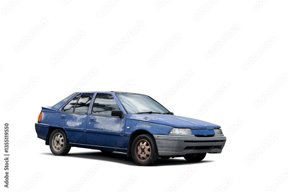 Obraz premium Old blue sedan car isolated on white background
