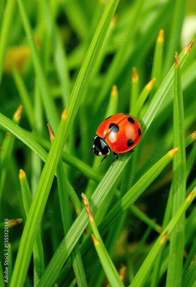 Fototapeta premium A vibrant red ladybug rests on lush green grass, isolated against a white background, detail, image, isolated
