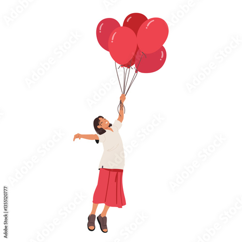Cute preteen girl cartoon character flying with bunch of red festive helium balloons in hands