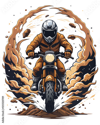 A stylized, dramatic depiction of a lone horseback rider emerging from a swirling, ochre-colored dirt cloud, emphasizing dynamic movement and powerful silhouette.