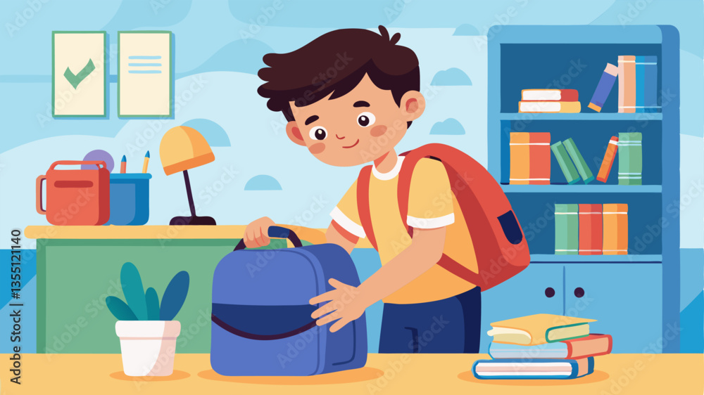 Student preparing for school day. Student preparing for school day.