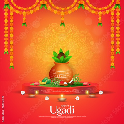 Happy Ugadi - poster template design including Kalash, banana leaf, green mango, flowers, rangoli and diya.
