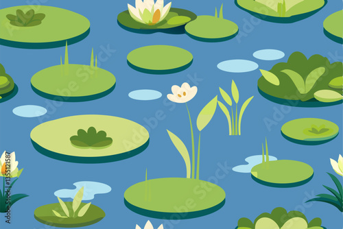 A serene pond scene with lily pads and flowers.