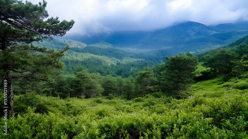 Obraz premium Majestic mountain landscape enveloped in clouds showing lush greenery and deep valleys in a serene natural setting : Generative AI