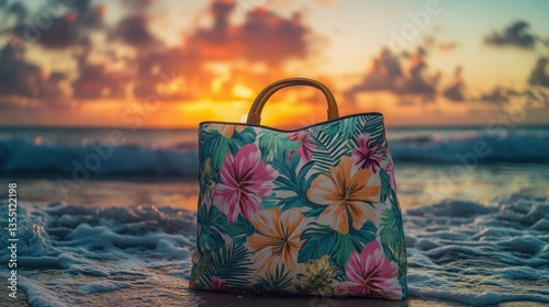 Lush tropical-themed beach bag with floral patterns positioned near ocean waves vibrant sunset in the background