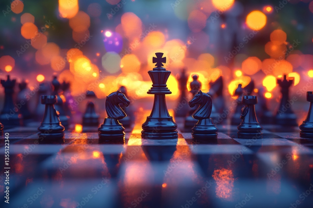 Black king chess piece standing on chessboard with knights protecting it