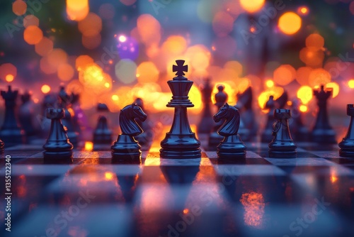 Obraz na płótnie Black king chess piece standing on chessboard with knights protecting it w salonie