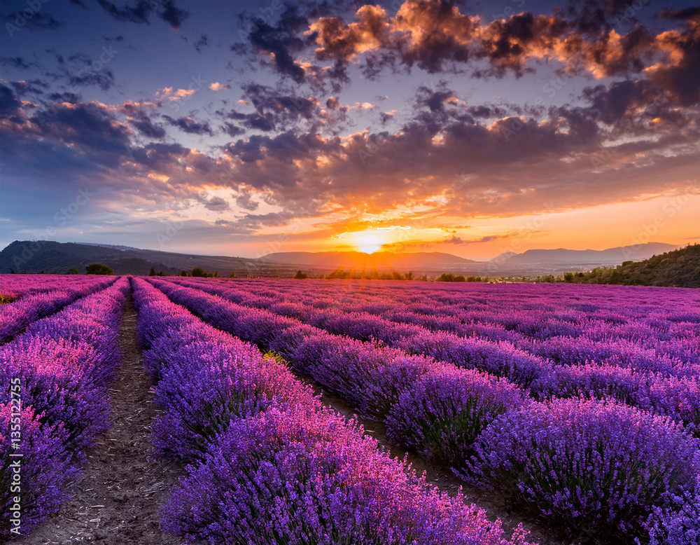 A tranquil image of a lavender field in full bloom stretching under a dramatic sunset sky to capture serene beauty A tranquil image of a lavender field in full bloom stretching under a dramatic sunset sky to capture serene beauty