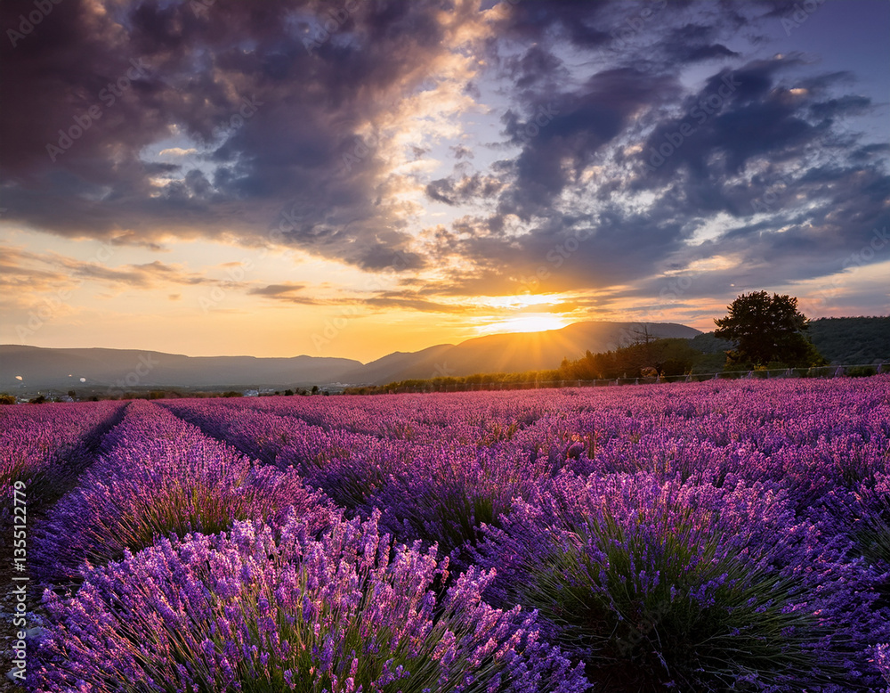 Fototapeta premium A tranquil image of a lavender field in full bloom stretching under a dramatic sunset sky to capture serene beauty