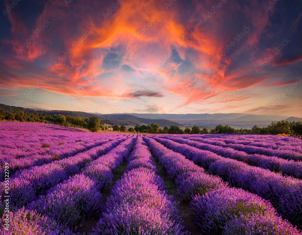A tranquil image of a lavender field in full bloom stretching under a dramatic sunset sky to capture serene beauty A tranquil image of a lavender field in full bloom stretching under a dramatic sunset sky to capture serene beauty