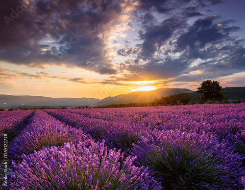 A tranquil image of a lavender field in full bloom stretching under a dramatic sunset sky to capture serene beauty